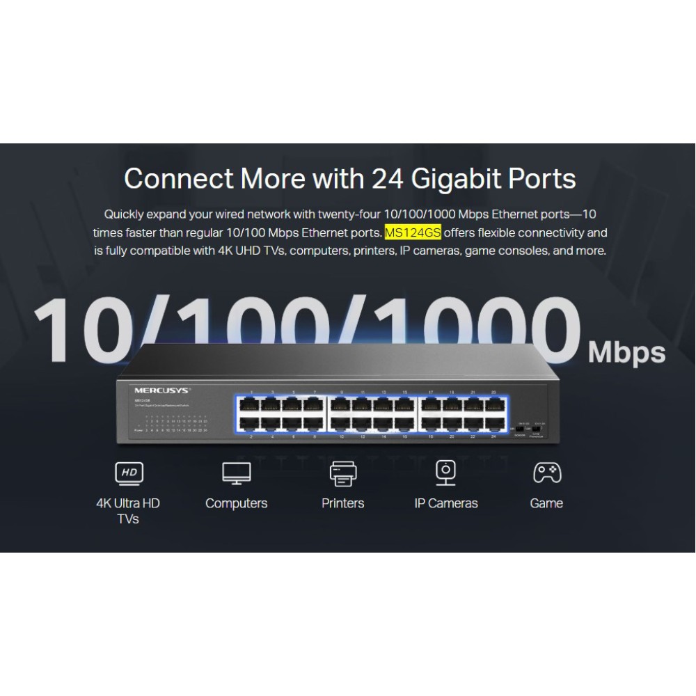 MERCUSYS desktop/rackmount switch MS124GS, 24x Gigabit θύρες, V1.0