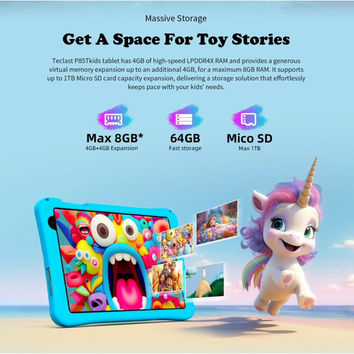 TECLAST tablet P85T Kids, 8" HD, 4/64GB, Android 13, 5000mAh, μπλε