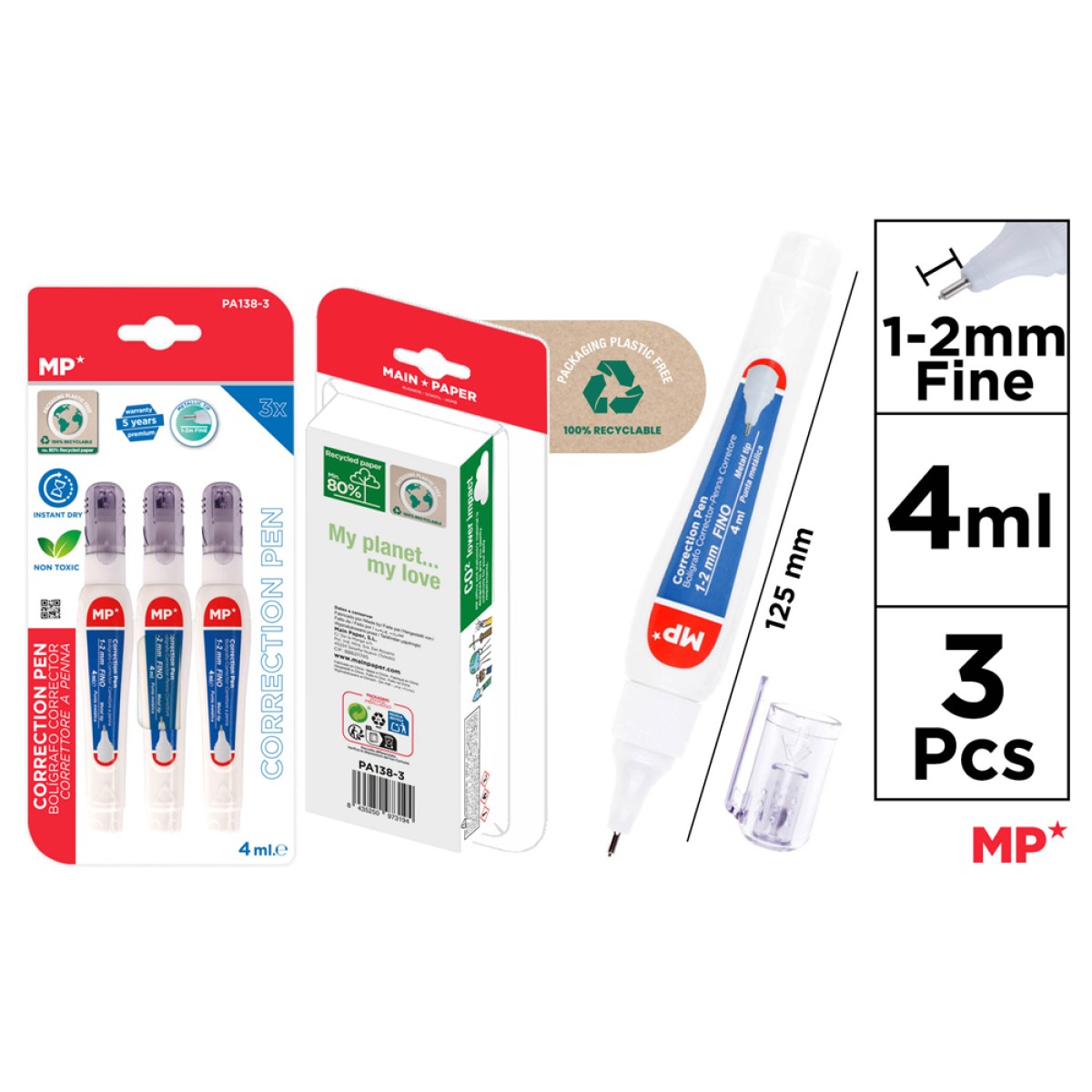 MP σετ διορθωτικό στυλό PA138-3C, 1-2mm, 4ml, 3τμχ