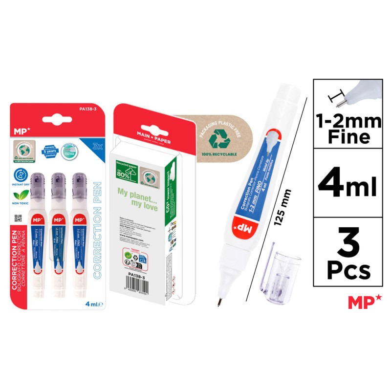 MP σετ διορθωτικό στυλό PA138-3C, 1-2mm, 4ml, 3τμχ