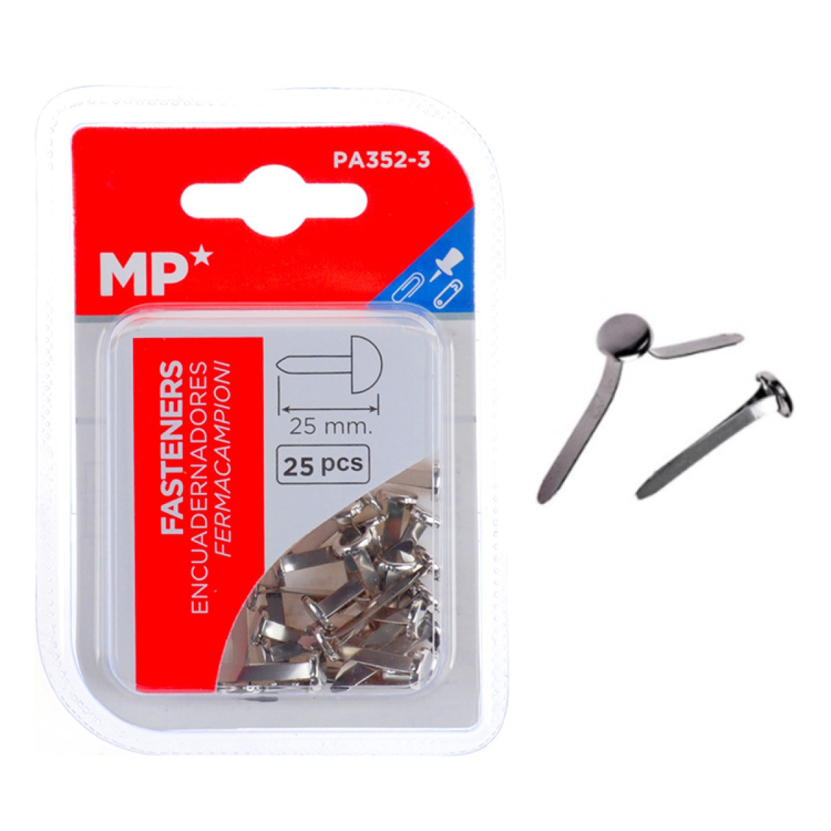MP διχαλωτοί συνδετήρες PA352-3, μεταλλικοί, 25mm, ασημί, 25τμχ