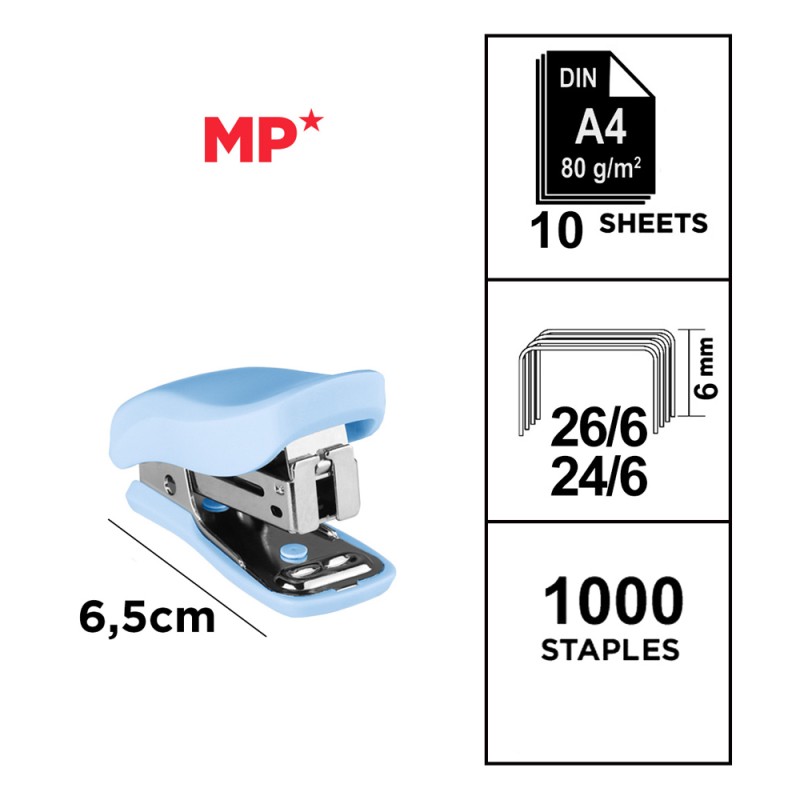 MP mini συρραπτικό PA636P με ανταλλακτικά, 24/6 - 26/6, 10 φύλλα, μπλε
