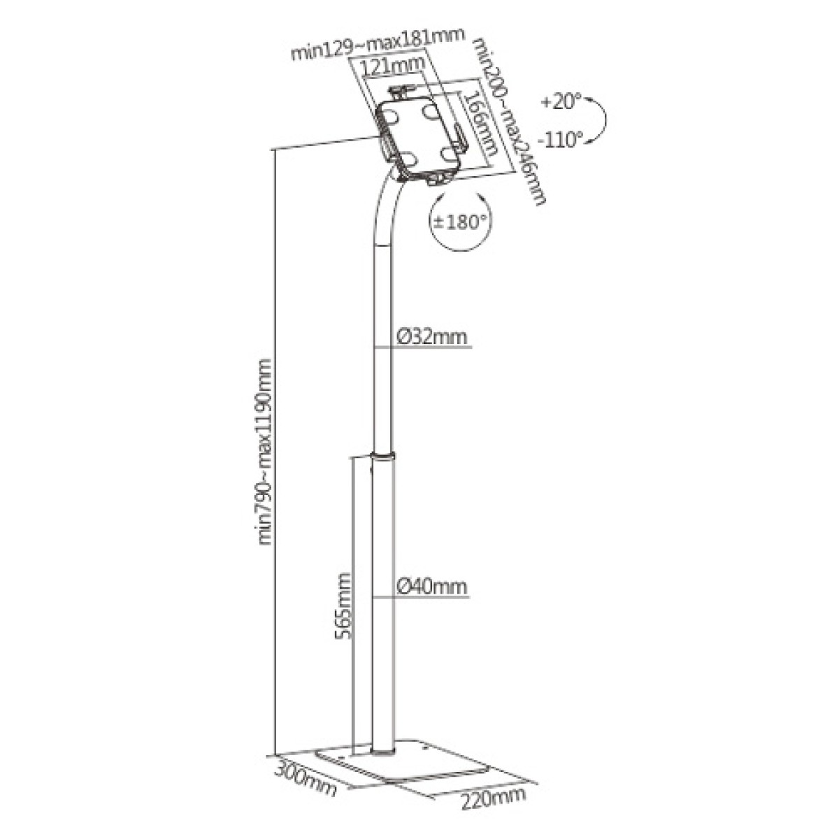 BRATECK βάση tablet δαπέδου PAD33-01, αντικλεπτική, 7.9-11", μαύρη