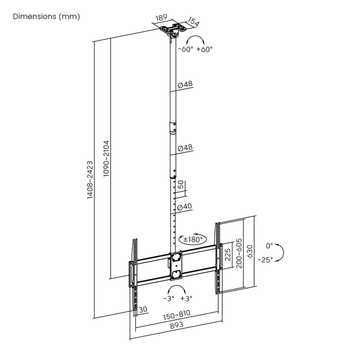 BRATECK βάση τηλεόρασης οροφής PLB-CE1568XL, 50-100", έως 80kg, heavy duty