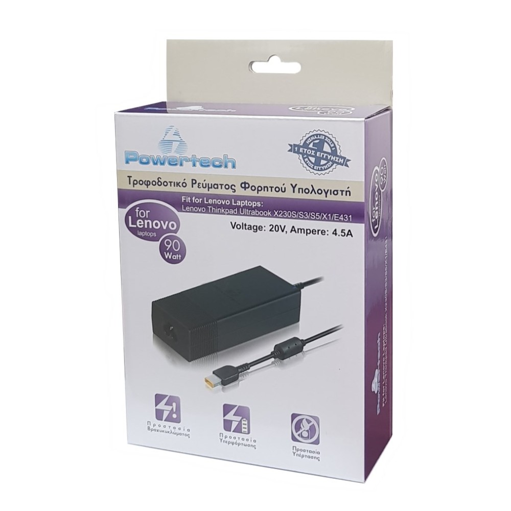 POWERTECH φορτιστής laptop PT-118 για LENOVO, 90 watt, 20V - 4.5A, μαύρος