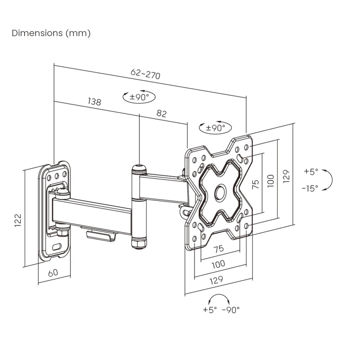 POWERTECH επιτοίχια βάση τηλεόρασης PT-1278, 13-32", έως 20kg, full motion