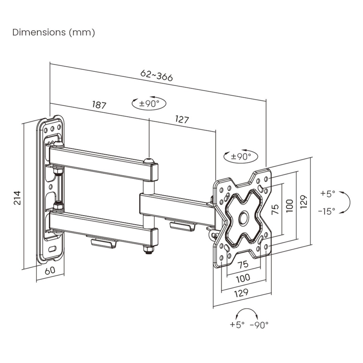 POWERTECH επιτοίχια βάση τηλεόρασης PT-1279, 13-32", έως 20kg, full motion