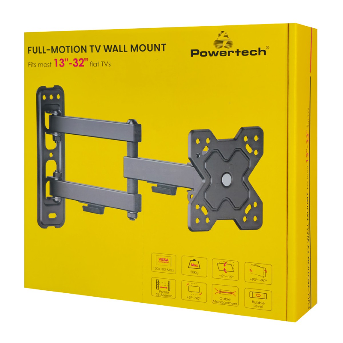 POWERTECH επιτοίχια βάση τηλεόρασης PT-1279, 13-32", έως 20kg, full motion