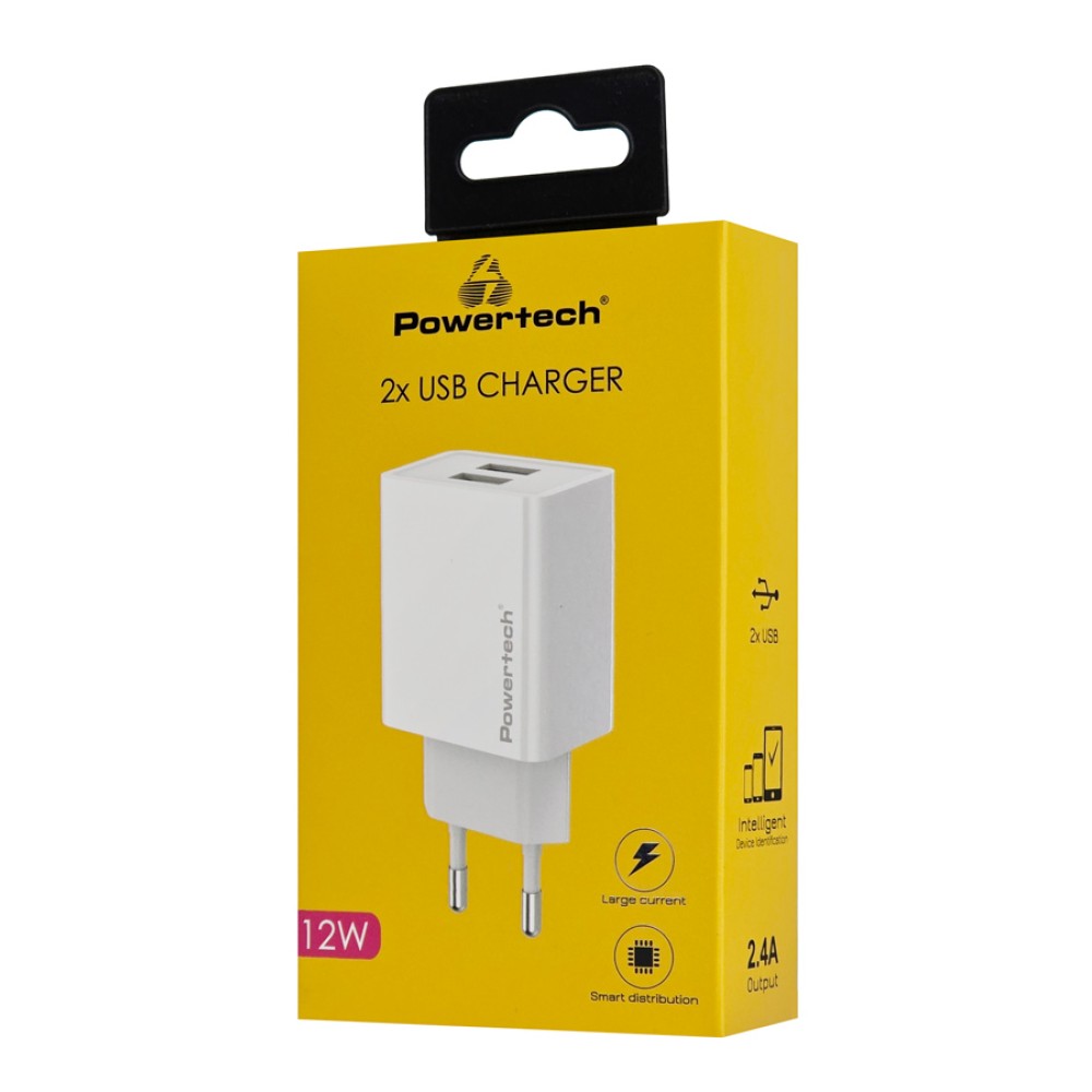 POWERTECH φορτιστής τοίχου PT-1321, 2x USB, 12W, λευκός