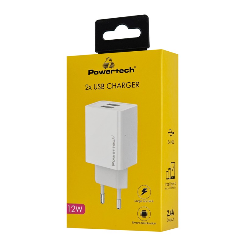 POWERTECH φορτιστής τοίχου PT-1321, 2x USB, 12W, λευκός