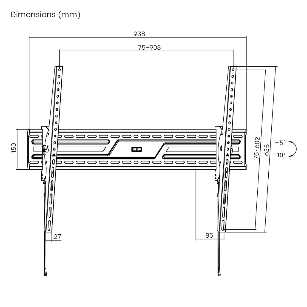 POWERTECH επιτοίχια βάση τηλεόρασης PT-1368, 43-100", έως 75kg, ρυθμιζόμενη κλίση