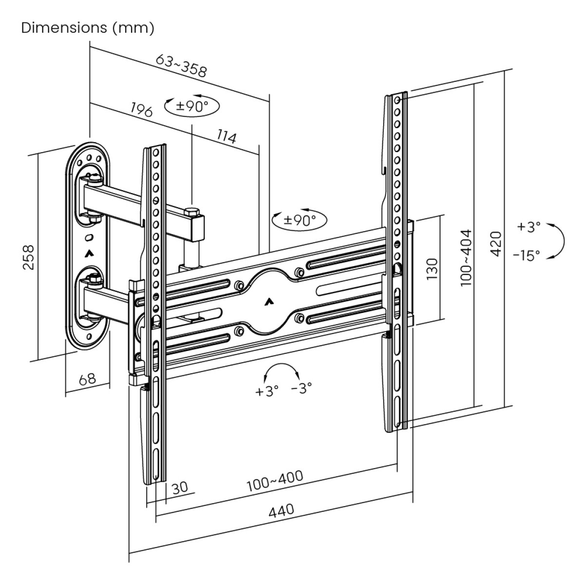 POWERTECH επιτοίχια βάση τηλεόρασης PT-1388, 32-65", έως 35kg, full motion