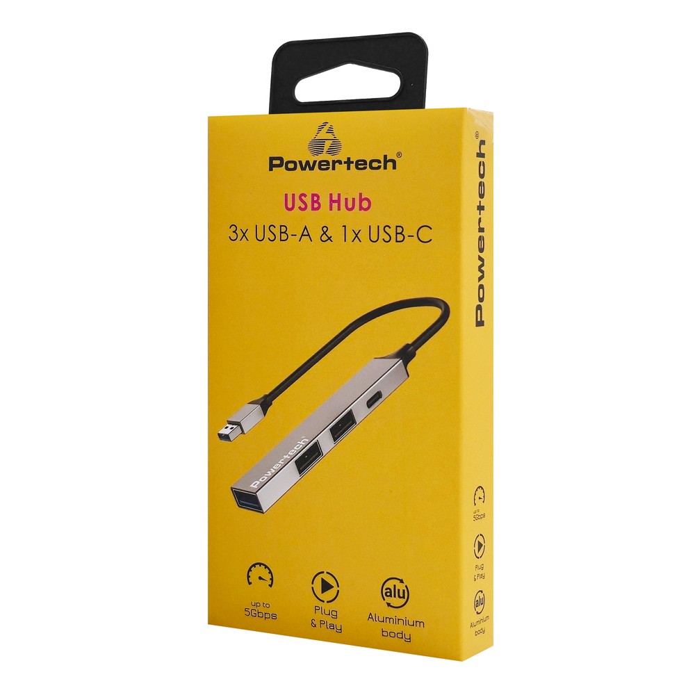 POWERTECH USB hub PT-1413, 4x θυρών, USB 3.2, 5Gbps, USB σύνδεση, γκρι