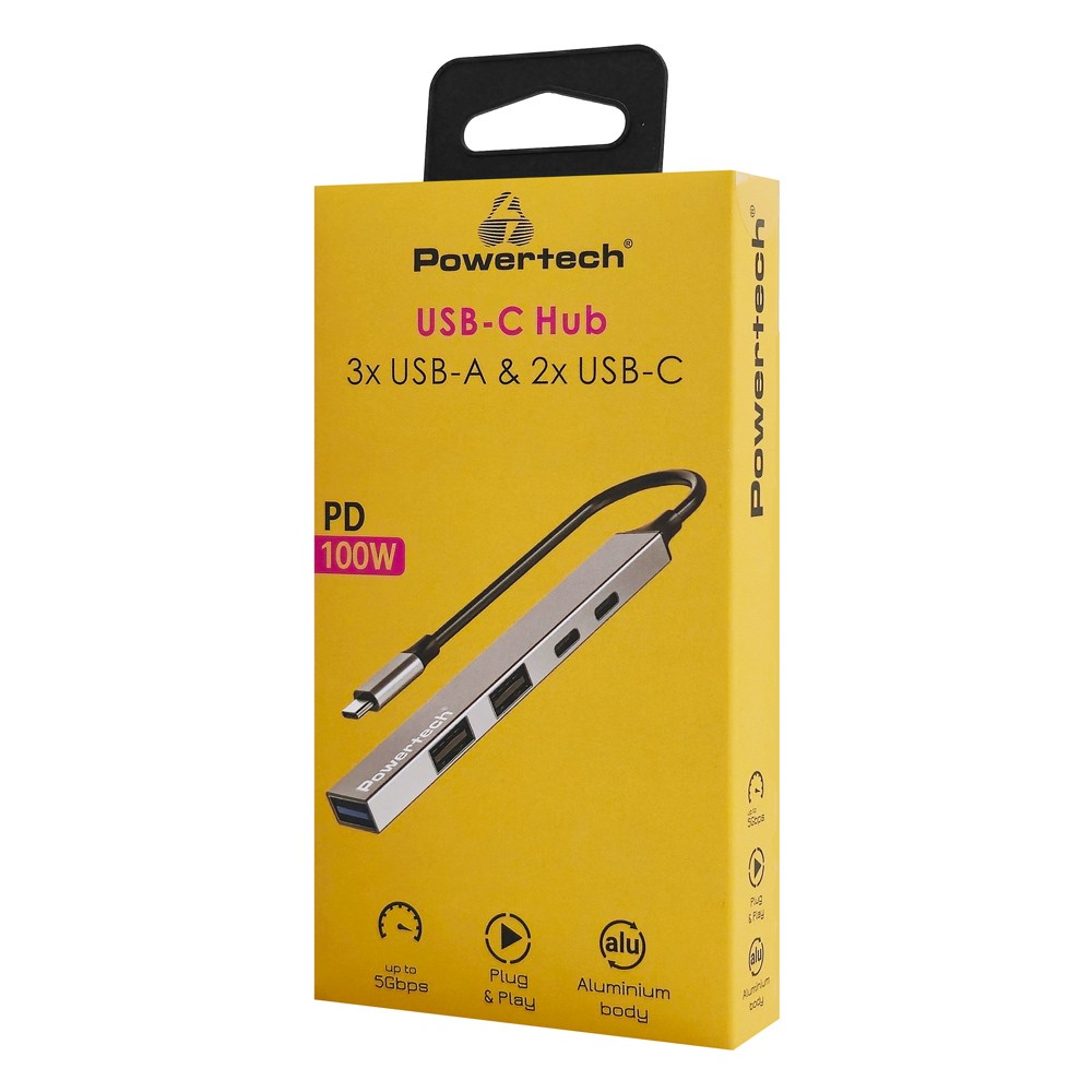 POWERTECH USB hub PT-1414, 5x θυρών, USB 3.2, 5Gbps, 100W, USB-C σύνδεση, γκρι