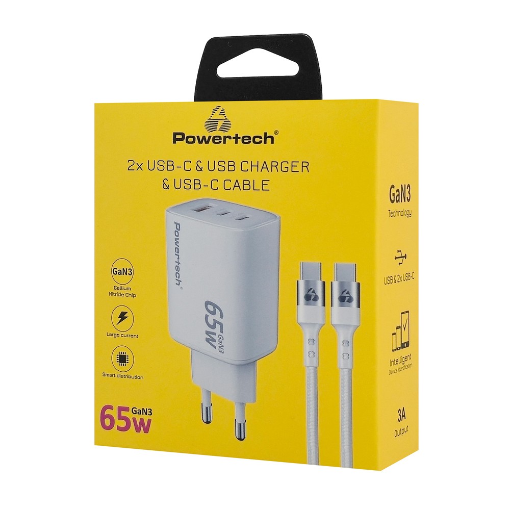 POWERTECH φορτιστής τοίχου PT-1415 με καλώδιο, USB/2x USB-C, 65W, GaN, λευκός