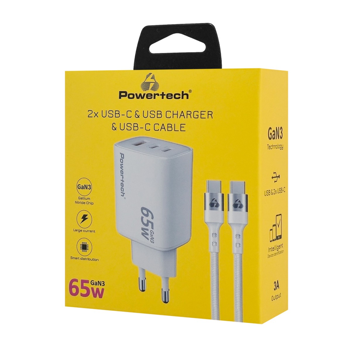 POWERTECH φορτιστής τοίχου PT-1415 με καλώδιο, USB/2x USB-C, 65W, GaN, λευκός