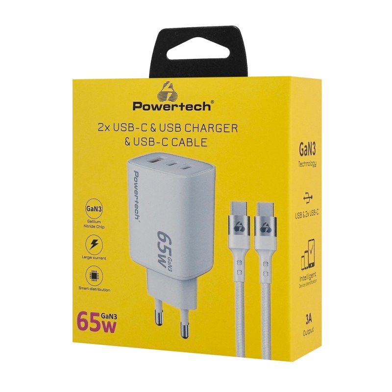 POWERTECH φορτιστής τοίχου PT-1415 με καλώδιο, USB/2x USB-C, 65W, GaN, λευκός