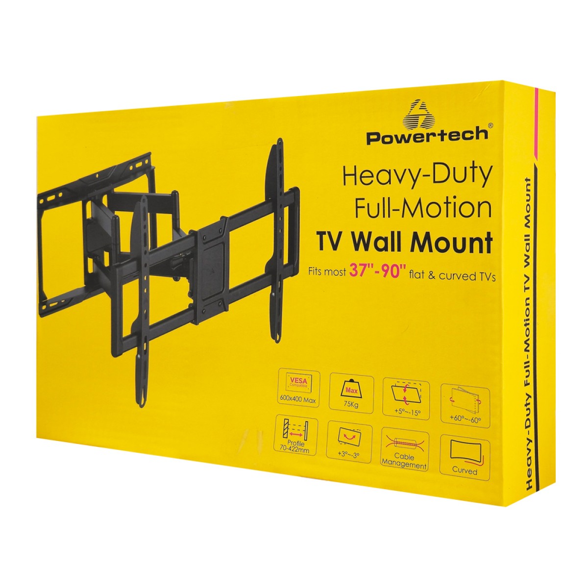 POWERTECH επιτοίχια βάση τηλεόρασης PT-1423, 37-90", 75kg, heavy duty, full motion