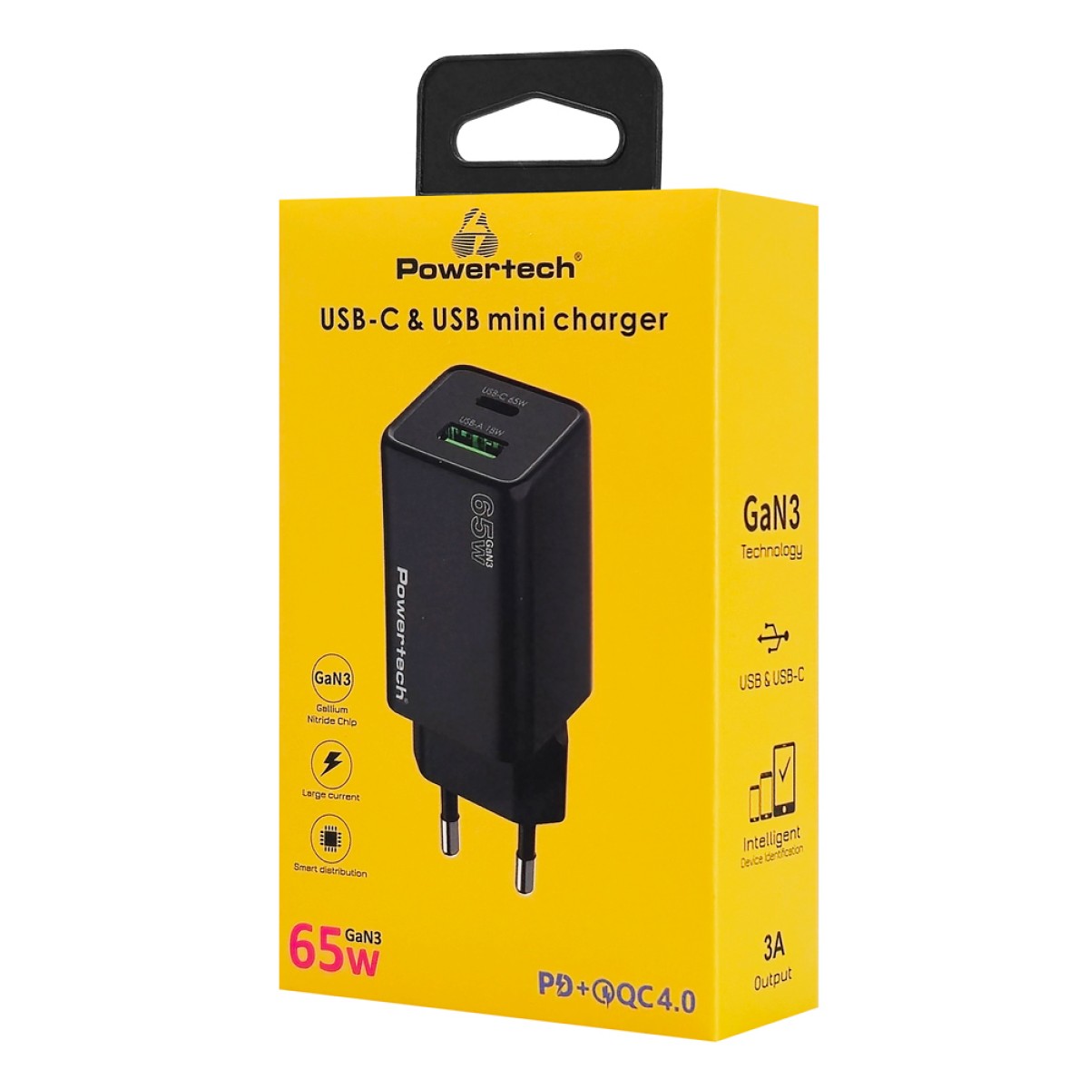 POWERTECH φορτιστής τοίχου PT-1501, USB/USB-C, 65W, GaN, μαύρος