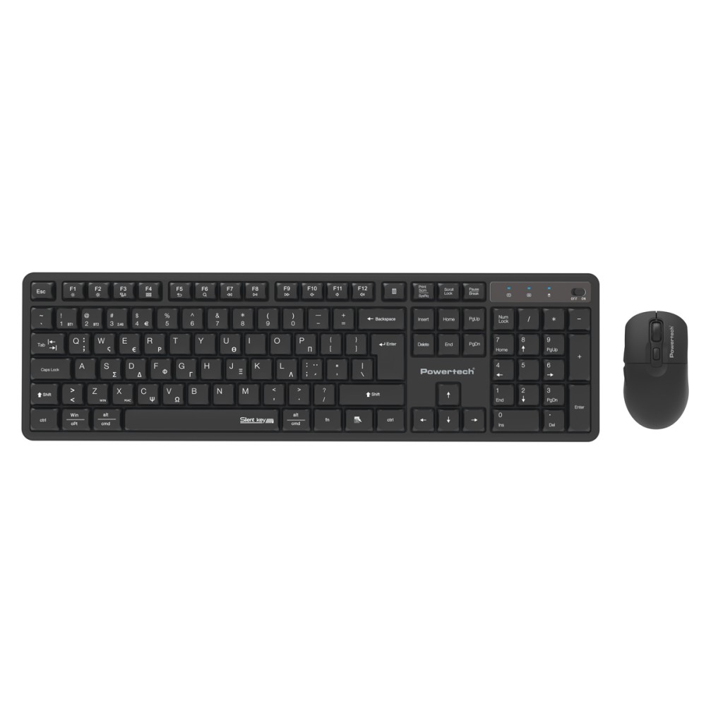 POWERTECH set ασύρματο ποντίκι & πληκτρολόγιο PT-1540, 2.4GHz & Bluetooth, αθόρυβο, μαύρο