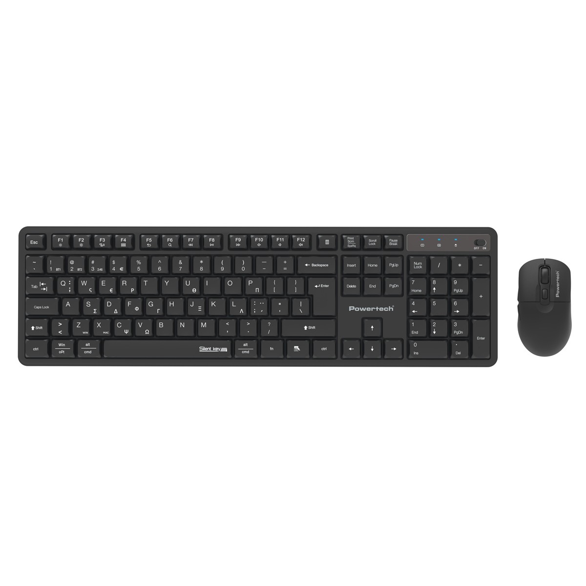 POWERTECH set ασύρματο ποντίκι & πληκτρολόγιο PT-1540, 2.4GHz & Bluetooth, αθόρυβο, μαύρο
