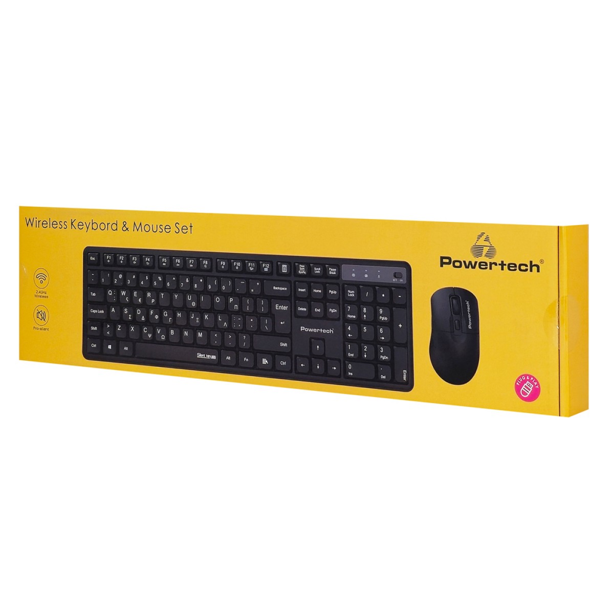 POWERTECH set ασύρματο ποντίκι & πληκτρολόγιο PT-1541, 2.4GHz, αθόρυβο, μαύρο