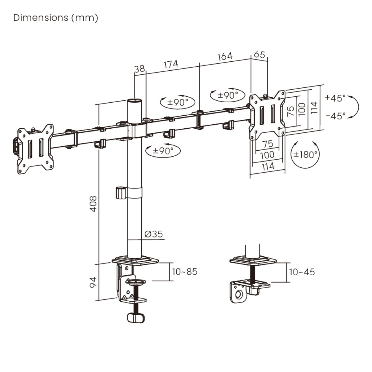 POWERTECH βάση γραφείου για 2x οθόνες PT-1552, 17-32", έως 10kg