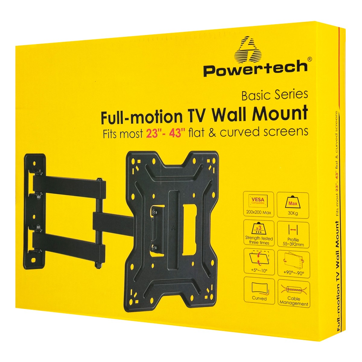 POWERTECH επιτοίχια βάση τηλεόρασης PT-1556, 23-43", έως 30kg, full motion