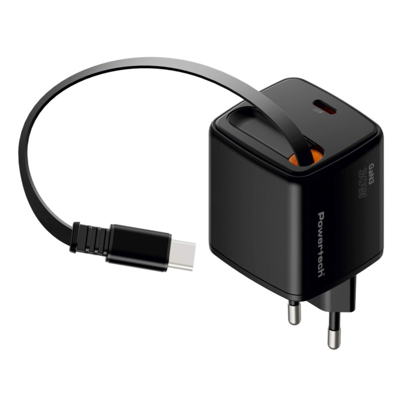 POWERTECH φορτιστής τοίχου PT-1571 με πτυσσόμενο καλώδιο, USB-C, 30W, GaN, μαύρος