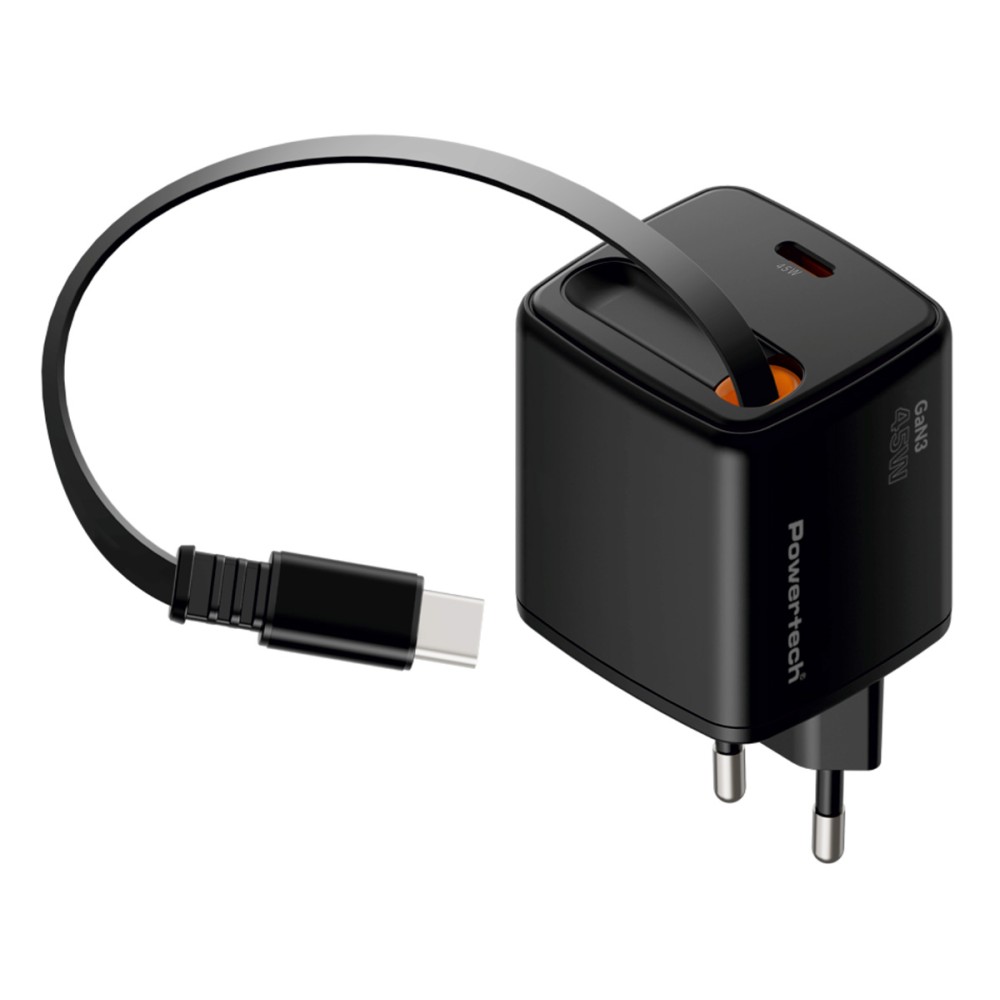 POWERTECH φορτιστής τοίχου PT-1572 με πτυσσόμενο καλώδιο, USB-C, 45W, GaN, μαύρος