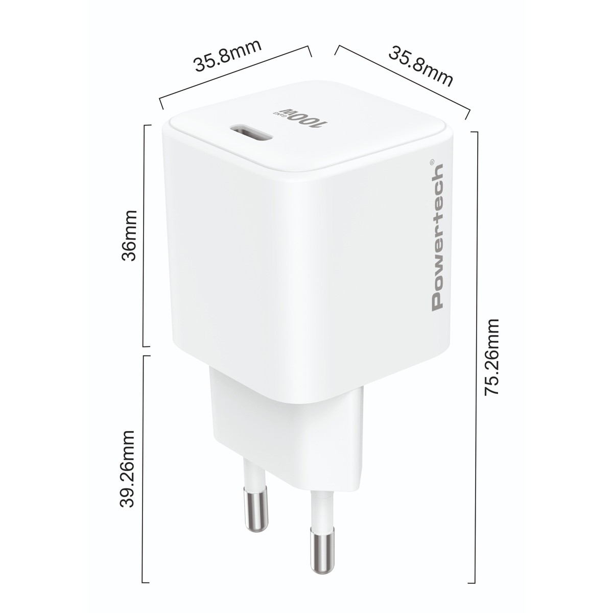POWERTECH φορτιστής τοίχου PT-1612, USB-C, 100W, GaN, AVS, λευκός