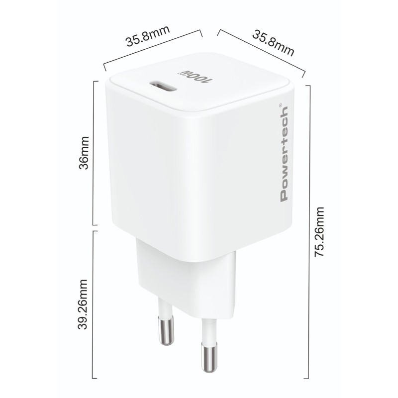 POWERTECH φορτιστής τοίχου PT-1612, USB-C, 100W, GaN, AVS, λευκός