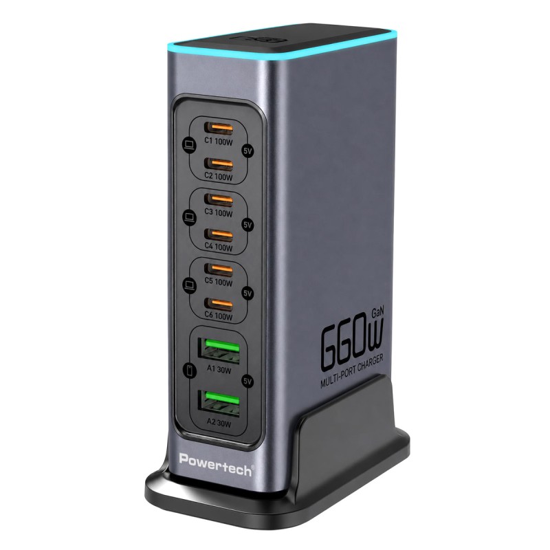 POWERTECH σταθμός φόρτισης PT-1621, 2x USB & 6x USB-C, GaN, 140W, γκρι