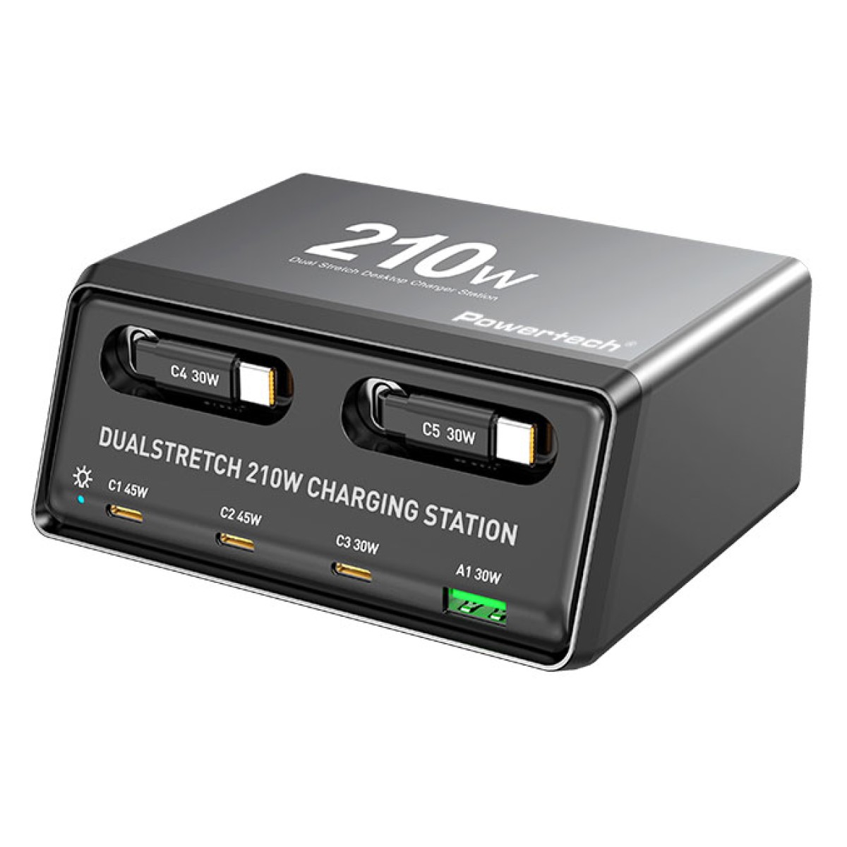 POWERTECH σταθμός φόρτισης PT-1623, USB/3x USB-C/2x USB-C καλώδια, GaN, 160W, μαύρος