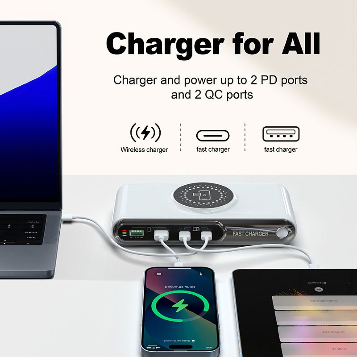 POWERTECH σταθμός φόρτισης PT-1624, 2x USB/2x USB-C/wireless, 72W, λευκός