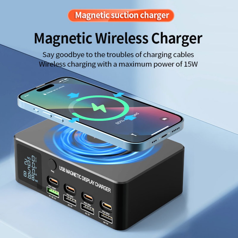 POWERTECH σταθμός φόρτισης PT-1625 με οθόνη, 4x USB/4x USB-C/wireless, 140W, μαύρος
