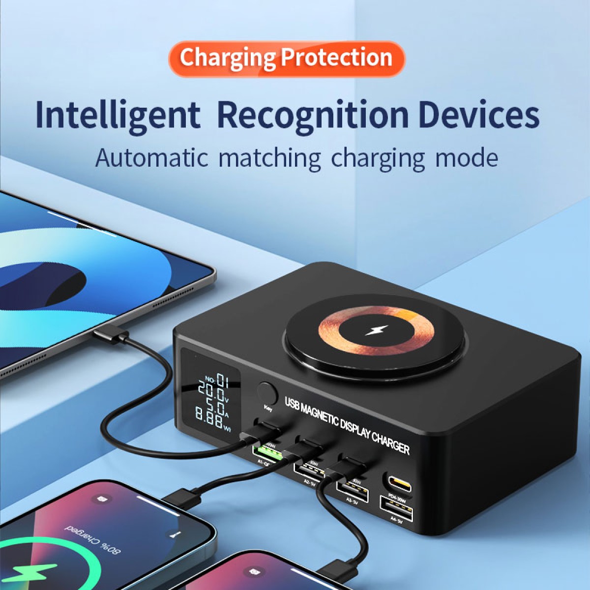 POWERTECH σταθμός φόρτισης PT-1625 με οθόνη, 4x USB/4x USB-C/wireless, 140W, μαύρος