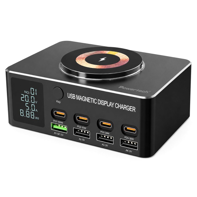 POWERTECH σταθμός φόρτισης PT-1625 με οθόνη, 4x USB/4x USB-C/wireless, 140W, μαύρος