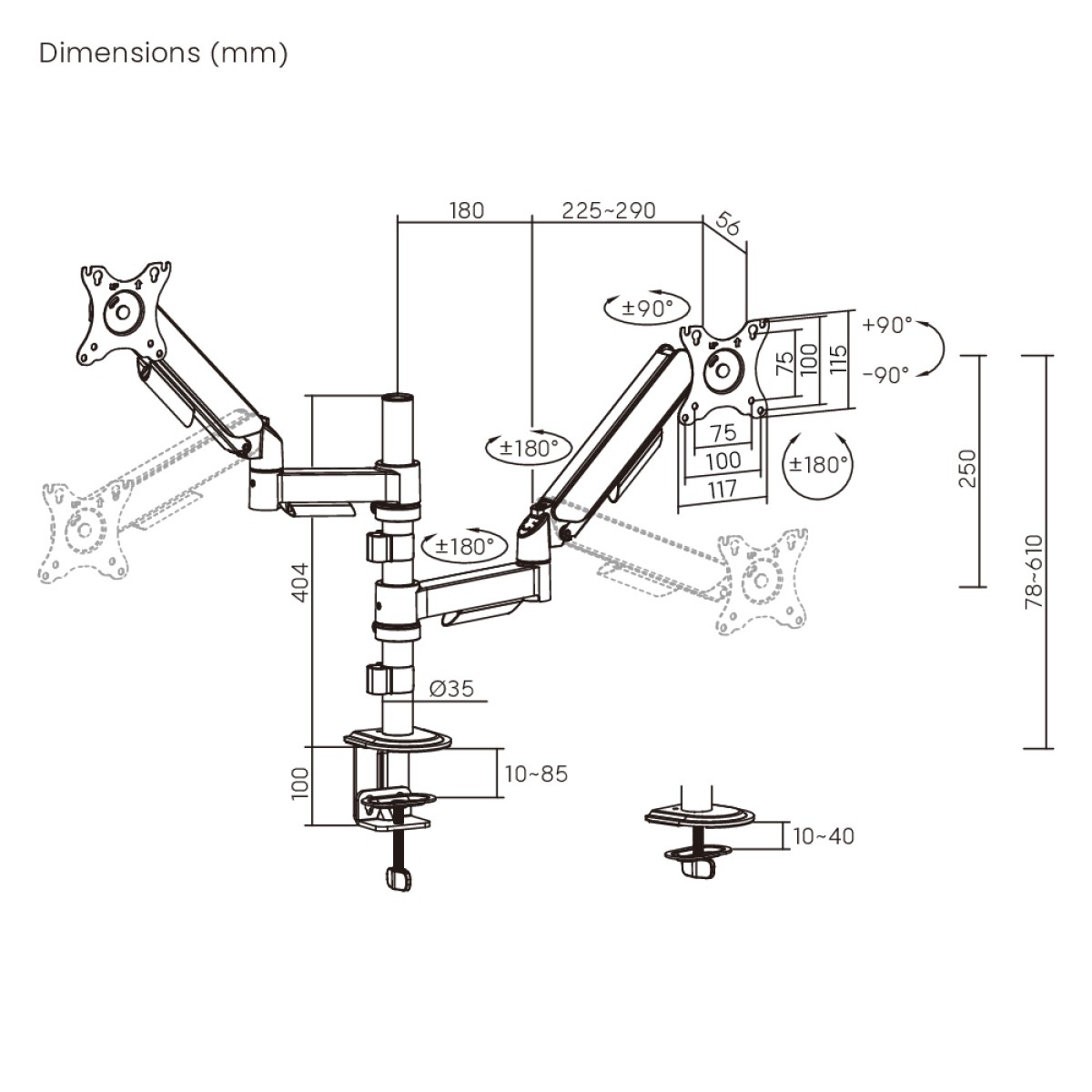 POWERTECH βάση γραφείου για 2x οθόνες PT-1628, 17-32", έως 9kg