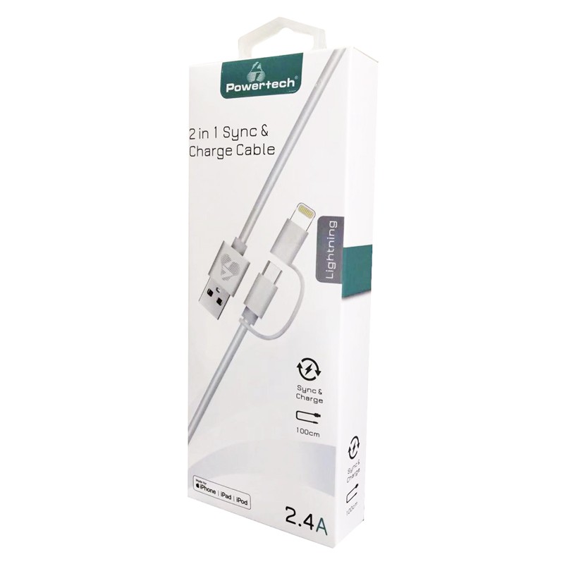 POWERTECH καλώδιο USB σε Micro/Lightning PT-707, MFi, 2.4A, 1m, λευκό
