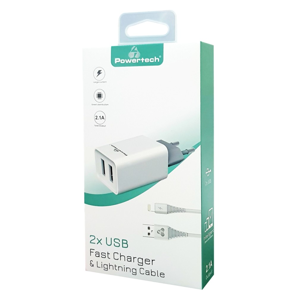 POWERTECH φορτιστής τοίχου PT-777, καλώδιο Lightning, 2x USB 2.1A, λευκό