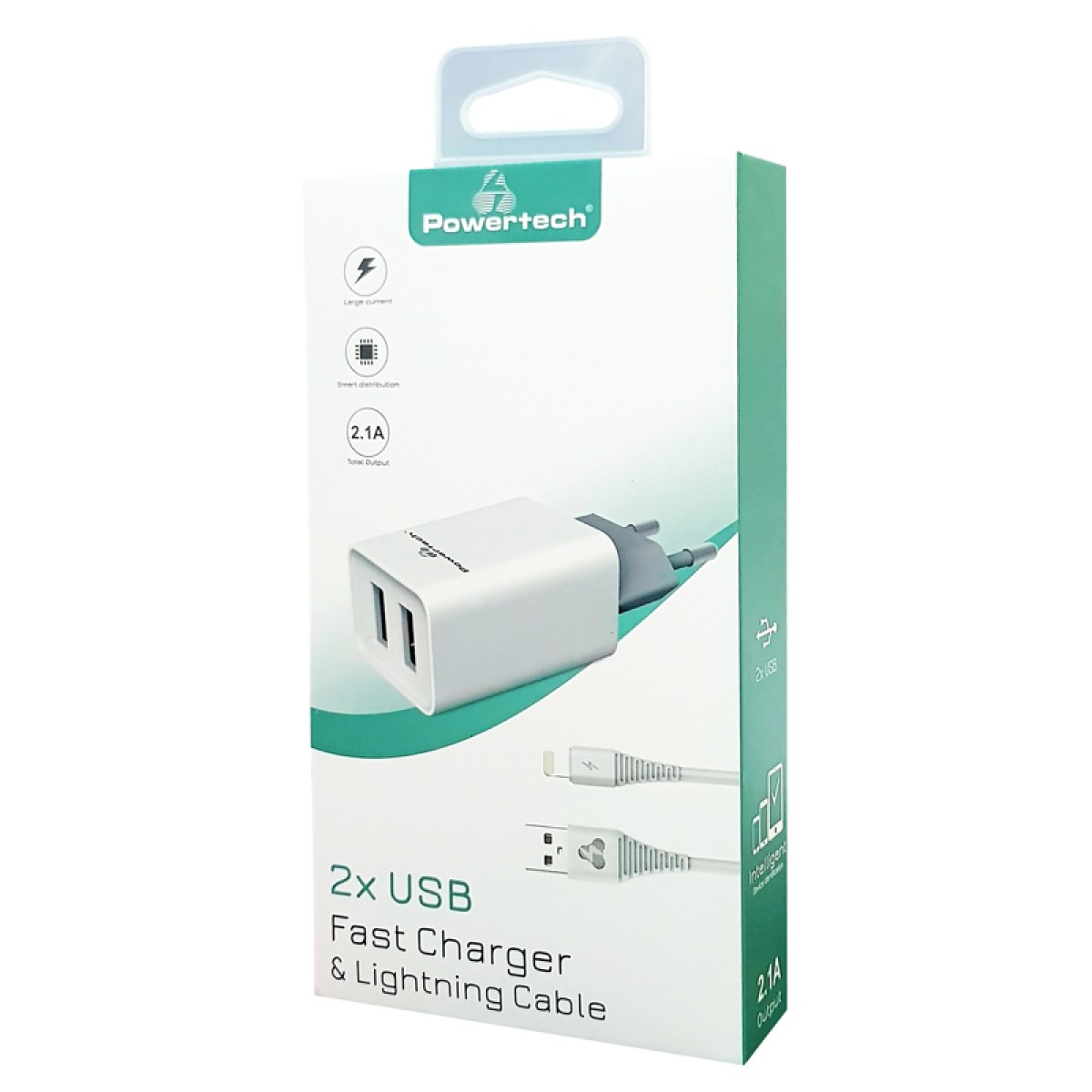 POWERTECH φορτιστής τοίχου PT-777, καλώδιο Lightning, 2x USB 2.1A, λευκό