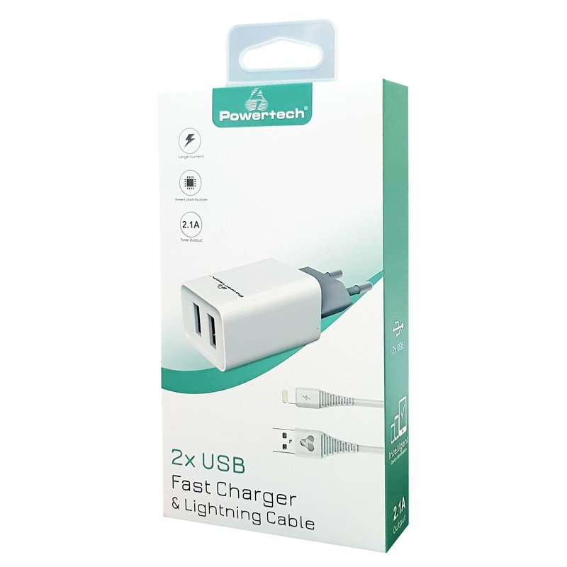 POWERTECH φορτιστής τοίχου PT-777, καλώδιο Lightning, 2x USB 2.1A, λευκό
