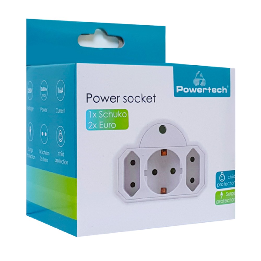 POWERTECH αντάπτορας ρεύματος PT-816 με προστασία υπέρτασης, 1x schuko, 2x euro, 16A, λευκός