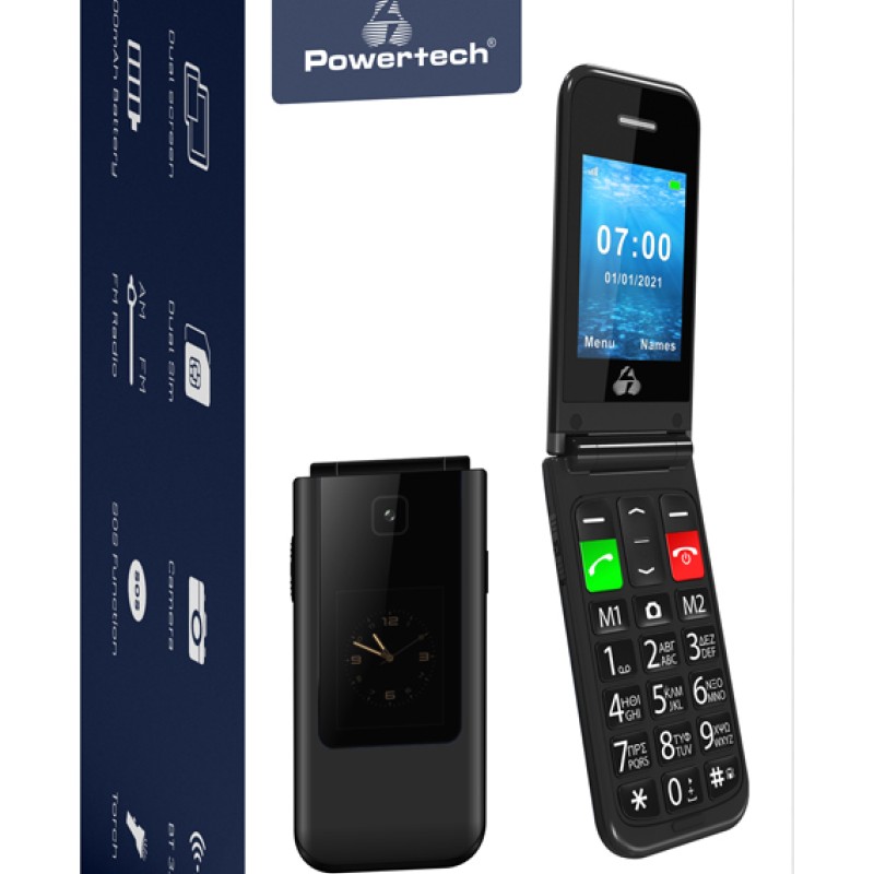 POWERTECH κινητό τηλέφωνο Sentry Dual II V2, 2 οθόνες, dual SIM, πλήκτρο SOS, μαύρο