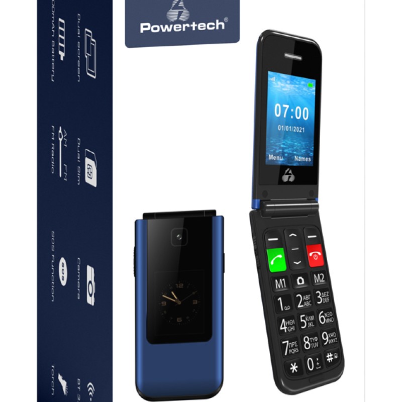 POWERTECH κινητό τηλέφωνο Sentry Dual II V2, 2 οθόνες, dual SIM, πλήκτρο SOS, μπλε
