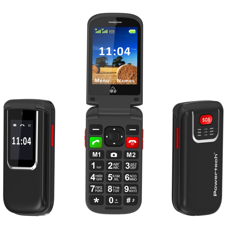 POWERTECH κινητό τηλέφωνο Sentry 4G Flip, 2.8/1.77", dual SIM, πλήκτρο SOS, μαύρο
