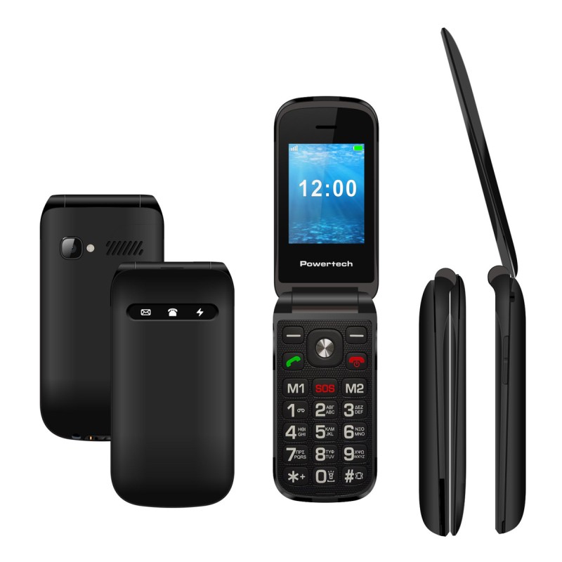 POWERTECH κινητό τηλέφωνο Milly Flip V2, 2.4", dual SIM, πλήκτρο SOS, μαύρο