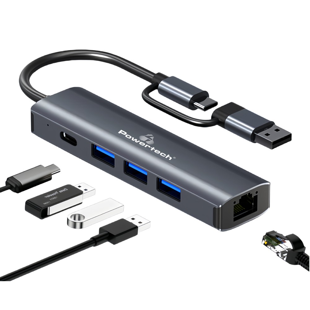 POWERTECH USB hub PTR-0150, 5 θυρών, USB & USB-C σύνδεση, γκρι