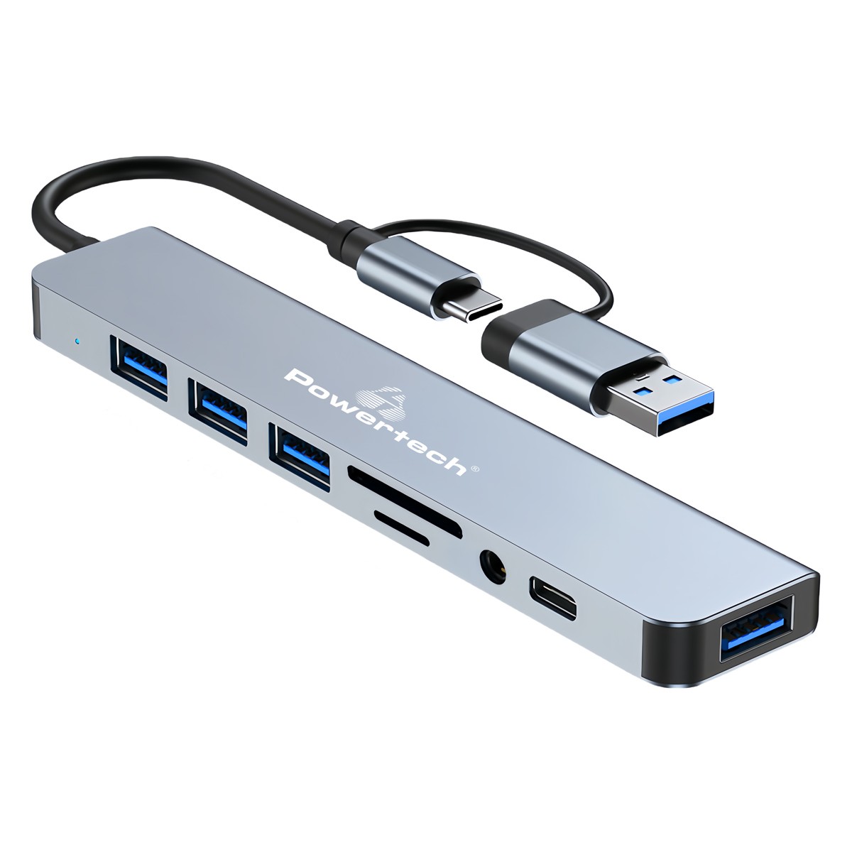 POWERTECH USB hub PTR-0151 με card reader, 8 θυρών, USB & USB-C, γκρι